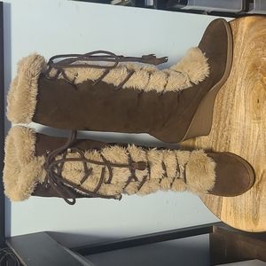 Nine West Brown Fur Wedge Knee High Boots, Size 8